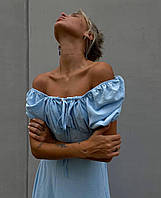 Стильное трендовое летнее легкое  женское длинное платье  с разрезом ткань жатка с регулируемым декольте 44/46, Голубой
