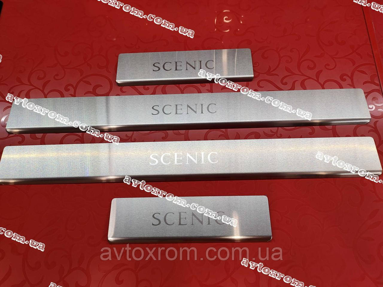 Накладки на пороги RENAULT Scenic / Grand SCENIC II *2003-2009рік Рено Сценік 2 / Гранд  Матова Нержавійка з логотипом комплект, фото 1