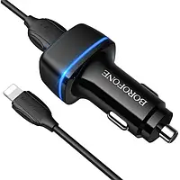Автомобильное зарядное устройство для телефона Borofone BZ14 Max Black + USB (папа) - Lightning (папа) кабель
