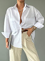 Женская базовая однотонная хлопковая оверсайз рубашка (белый, голубой, розовый, бежевый); размер: 42-46