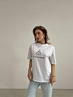 Женская белая оверсайз футболка с коротким рукавом с качественным накатом размер 42 46 one size 100% хлопок