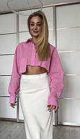 Трендовая однотонная укороченная рубашка с карманом коттон универсальный белый розовый беж синий черный