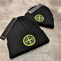 Шапка Stone Island черная с желто - зеленым круглым логотипом gu004