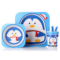 Посуда детская бамбук "Пингвин 2" 5пр/наб (2тарелки, вилка, ложка, стакан) MH-2770-22 ish