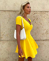 Желтое платье-рубашка на пуговицах с коротким рукавом, v-образным вырезом и юбкой-клеш из софта 46/48