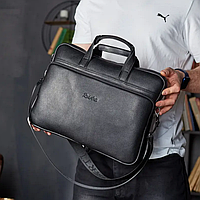 Мужская кожаная сумка вместительный кожаный портфель для документов офиса REKARTI черная для делового мужчины