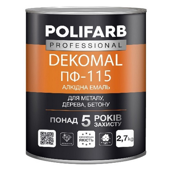 Емаль алкідна Polifarb DekoMal ПФ-115 чорна 2.7 кг, фото 1