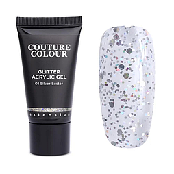 Акрил-гель Couture Colour Acrylic Gel Glitter 01 Silver Luster прозорий з дрібними сріблястими блискітками, 30 мл