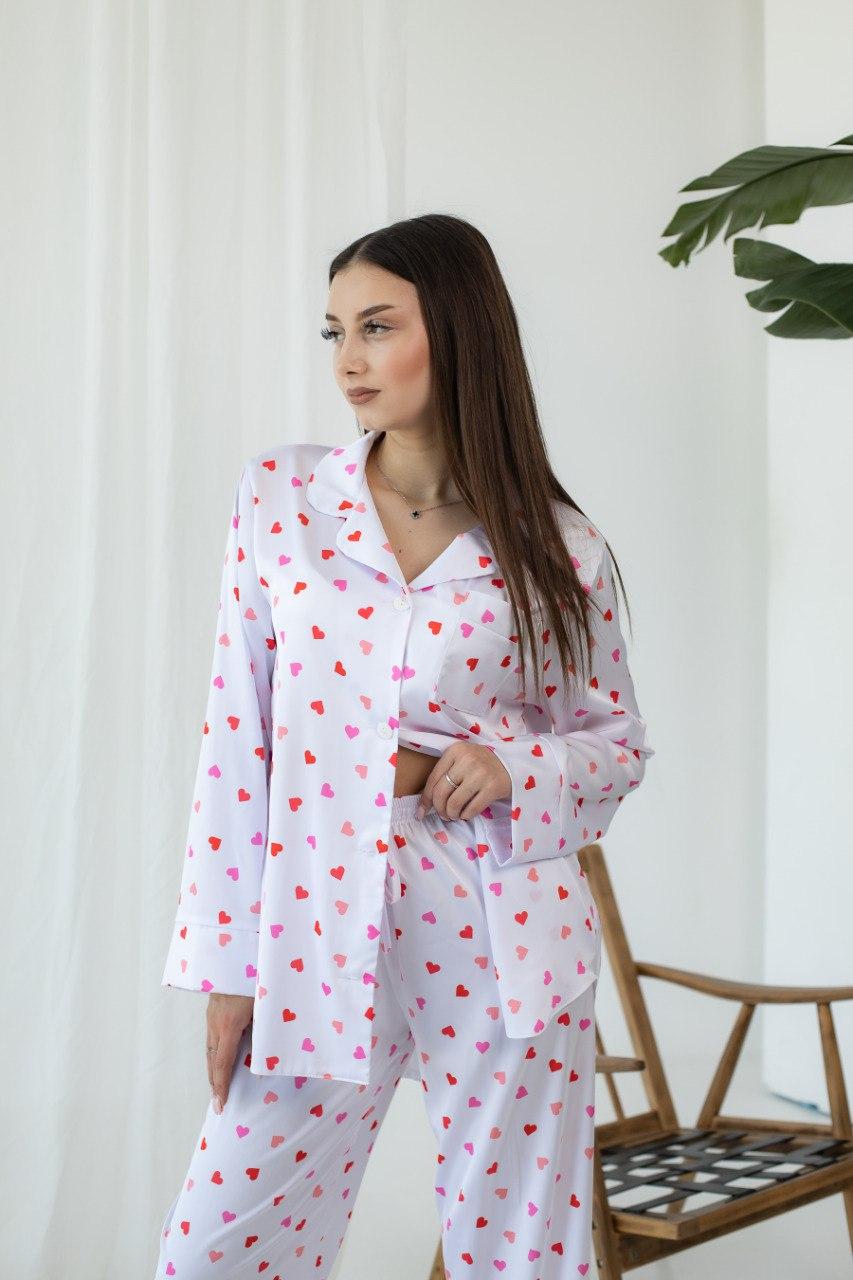 Домашній Комплект піжама САТИН сорочка і штани BRAND БІЛИЙ В СЕРЦЯ, фото 1