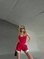 Малиновый женский коттоновый костюм: Топ на бретелях с молнией на спине и Шорты на высокой посадке с карманами