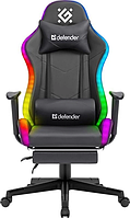 Геймерское кресло Defender Watcher полиуритановое с RGB подсветкой и подножкой (Черное)