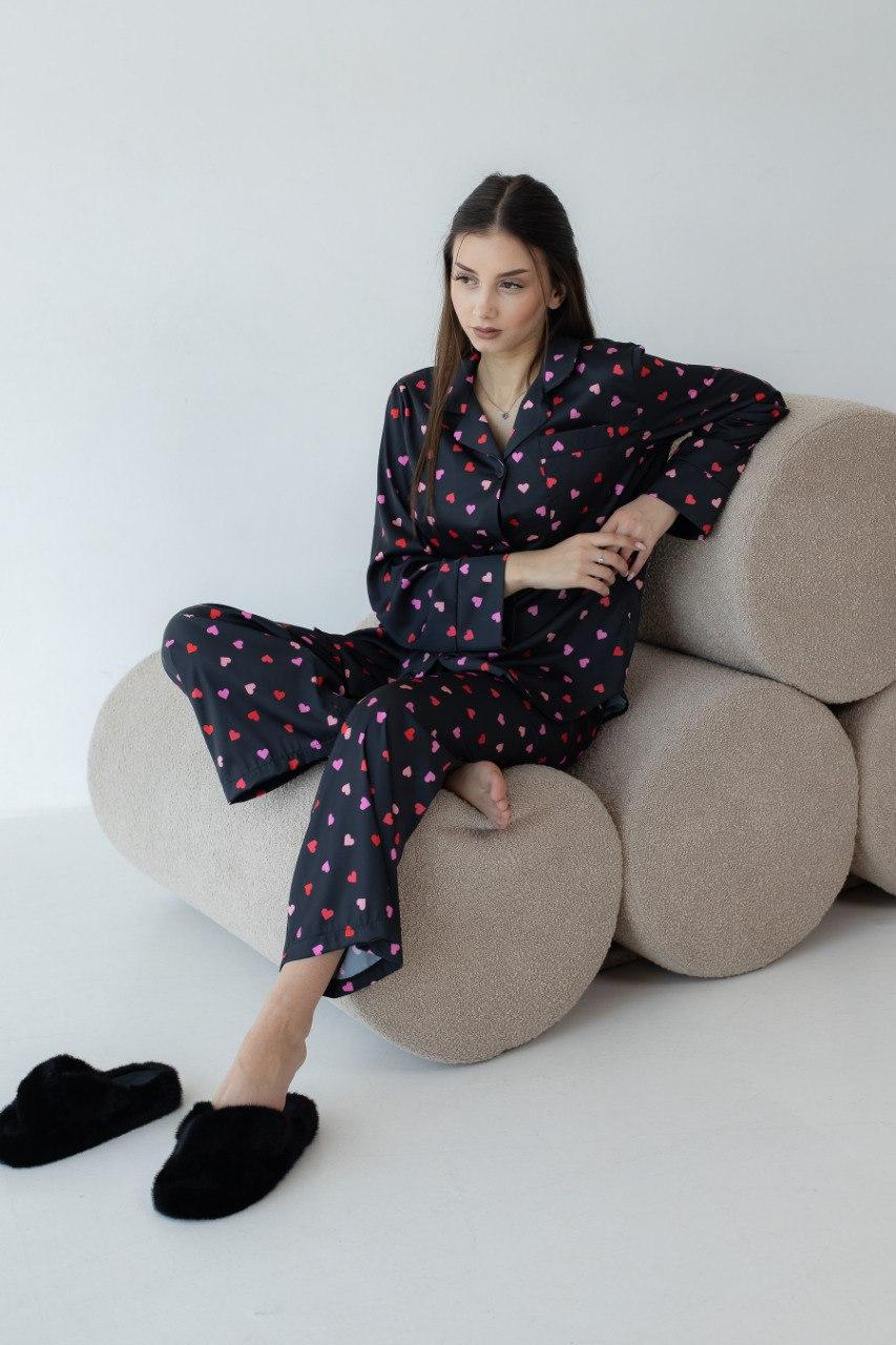 Домашній Комплект піжама САТИН сорочка і штани BRAND ЧОРНЙИ В СЕРЦЯ, фото 1