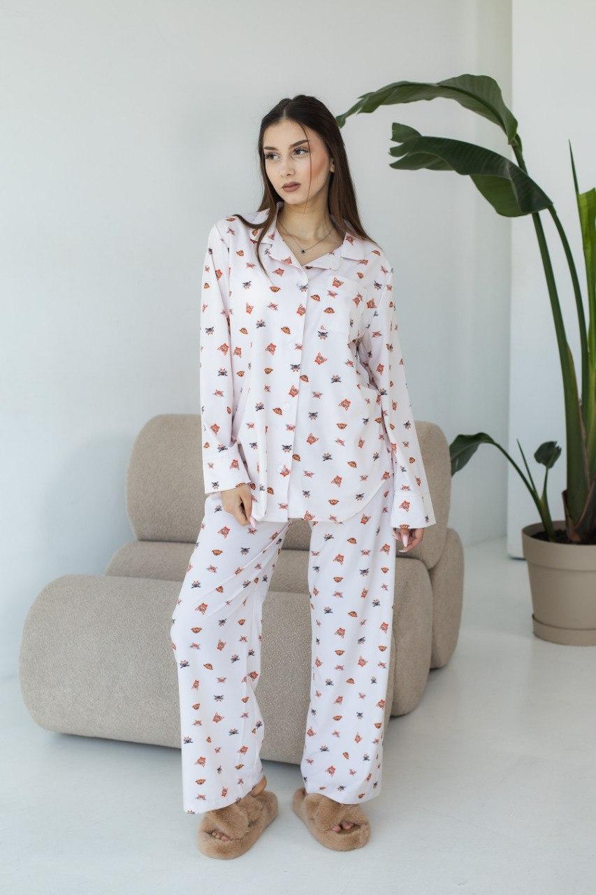 Домашній Комплект піжама САТИН сорочка і штани BRAND КОТИКИ-СОБАЧКИ, фото 1