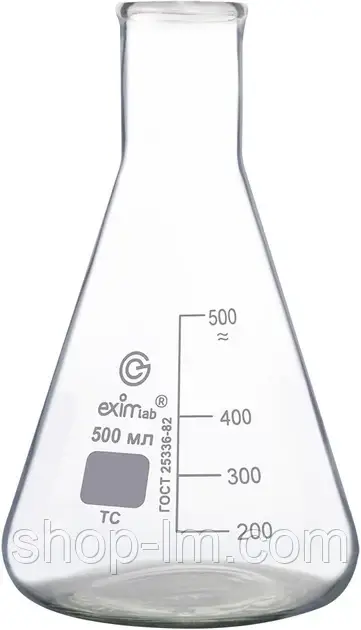 Колба мірна скляна 500 мл з широким горлом та друкованою шкалою. Україна, фото 1
