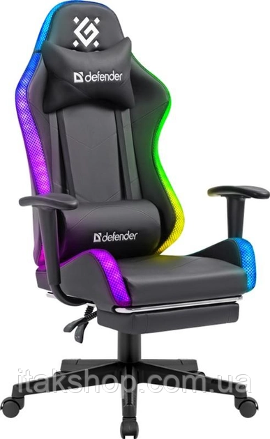 Крісло комп'ютерне Defender Watcher поліуританова з RGB підсвічуванням та підніжкою (Чорний)