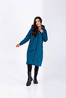Женское пальто стеганое с капюшоном цвета морская волна 25260 N 46/48