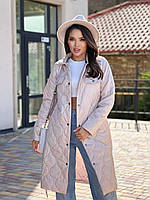 Женское пальто стеганое с поясом молочного цвета 25280 N 46/48