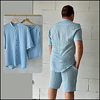 Костюм муслин лето рубашка и шорты, мужской пляжный костюм из муслина жатка голубого цвета M libr