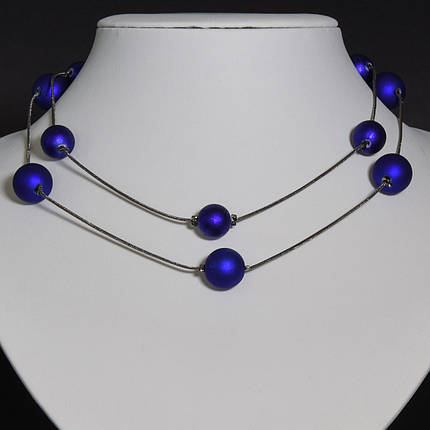 Кольє довге на металевому сріблястому ланцюжку двошарове із синіми матовими намистинами довжина 85-90 см, фото 2