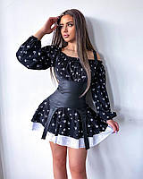 Платье мини с легким рукавом, съёмный корсет в комплекте 42/44, Черный