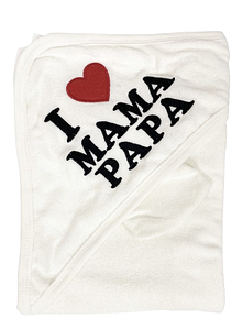 Дитячий рушник з капюшоном махровий 90*85 см I Love Mama & Papa білий + рукавичка для новонароджених