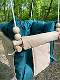Підвісна Непромокаєма Водостійка тканинна дитяча гойдалка Comfort + Бежева з темно зеленими подушкою та матрасиком, фото 4