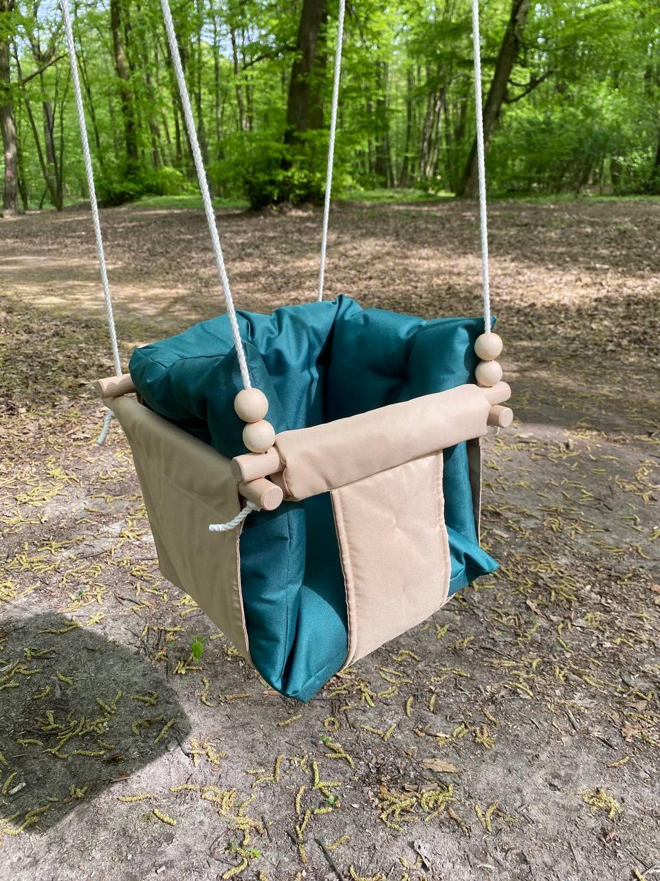 Підвісна Непромокаєма Водостійка тканинна дитяча гойдалка Comfort + Бежева з темно зеленими подушкою та матрасиком