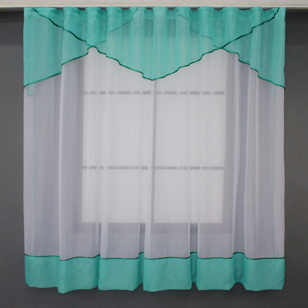 Кухонна занавіска (280х170см.) на кухню, балкон. Колір білий з бірюзовим. Код 00к 59-890, фото 1