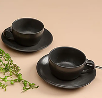 Чорна порцелянова чашка Porland Black для чаю 320 мл і блюдце 15 см (222134/Bl)