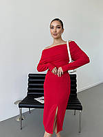 Жіночий костюм у рубчик спiдниця+кофта червоного кольору 27171 StMi 46/48