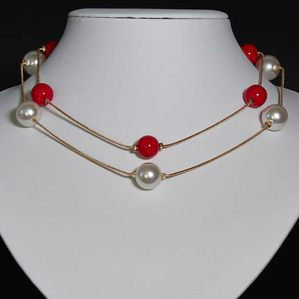 Кольє довге на металевому золотистому ланцюжку двошарове з білими та червоними намистинами довжина 85-90 см, фото 2