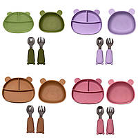 Набір дитячого посуду 3в1 із силікону для годування на присоску у формі ведмедика для дітей до 3 років