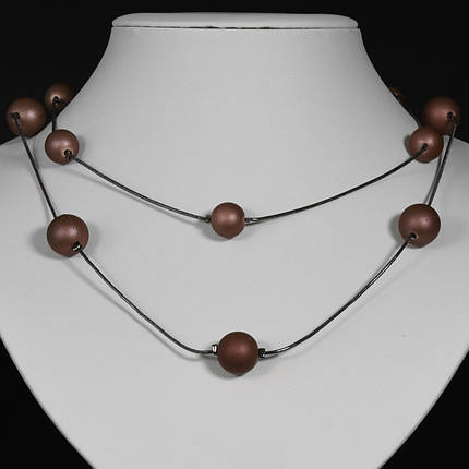 Кольє довге на металевому сріблястому ланцюжку двошарове з коричневими матовими намистинами довжина 85-90 см, фото 2