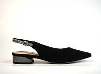Туфли слингбеки женские замшевые черные со стразами на низком каблуке LD05-04S-015 Brokolli 3369