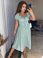 Красивое нежное летнее женское платье миди с завязками на груди цветочный софт принт с коротким рукавом Мятный, 42/44