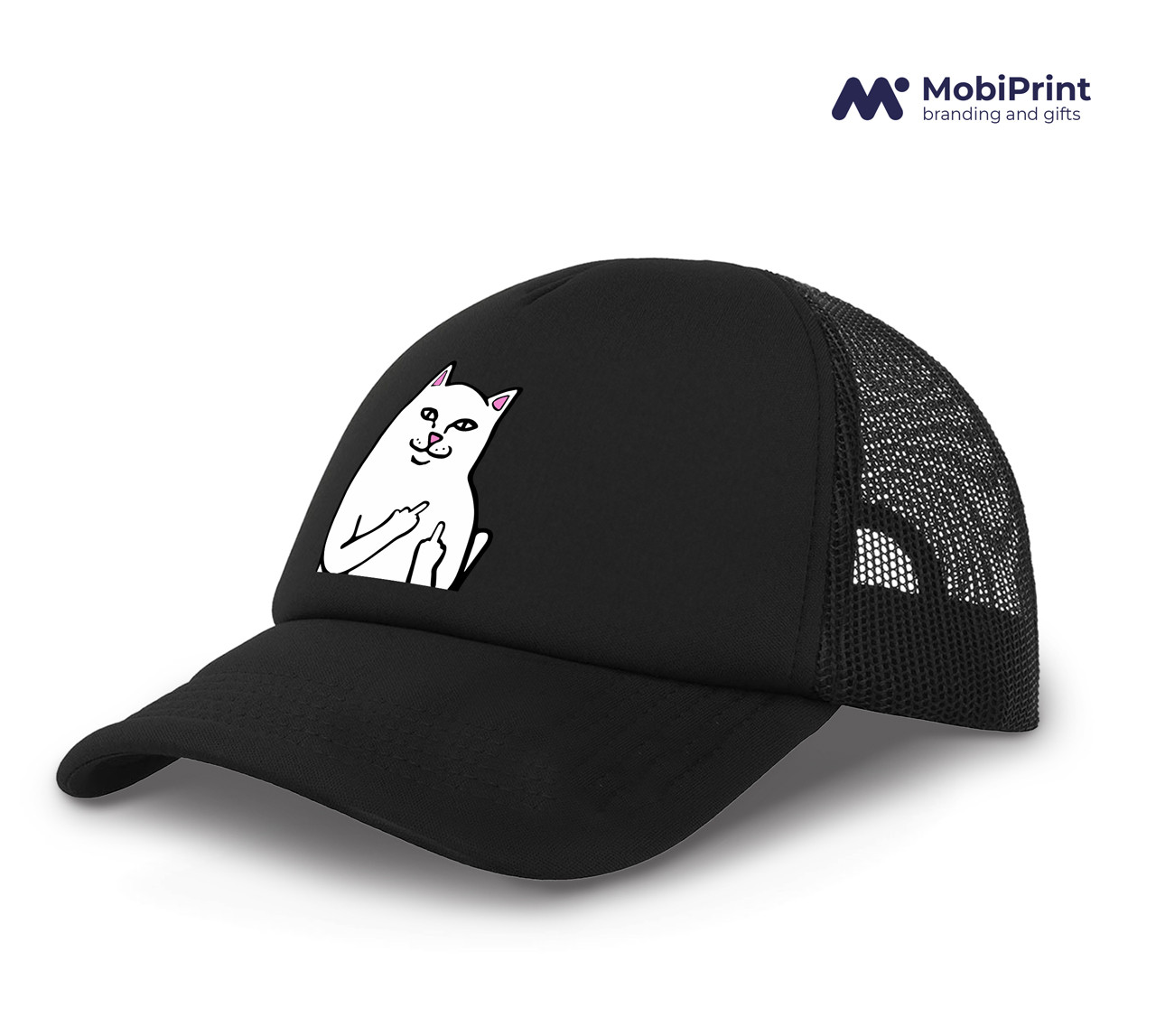 Кепка Тракер мем Білий Кіт з середнім пальцем (meme Cat Middle finger) Чорний