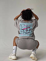 Женский удобный прогулочный летний костюм для тренировок футболка оверсайз свободного кроя и велосипедки Серо-голубой