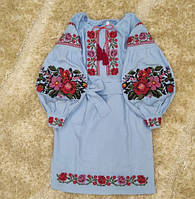 Детское вышитое платье из льна для девочек голубого цвета с яркой вышивкой крестиком размеры 116-152