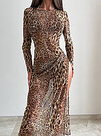 Пляжное платье туника в сеточку леопард SM L. Пляжное платье туника черное белое и Лео 42 44 46