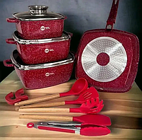 Набор квадратной посуды с гранитным покрытием НК-317, кастрюли 3 шт, сковорода, щипцы лопатки, красный, черный