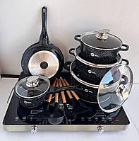 Набор посуды с гранитным покрытием НК-305, кастрюли 3 шт, сковорода, сотейник (ковш), силиконовые лопатки