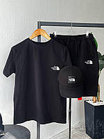 Мужской стильный летний комплект шорты и футболка бейсболка черного цвета The North Face