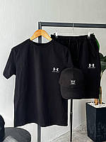 Мужской стильный летний комплект шорты и футболка бейсболка черного цвета Under Armour