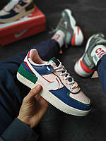 Женские кроссовки Nike Air Force 1 Shadow Blue Pink (Белые с синим) Найк Аир Форс Шейдов кожа демисезон