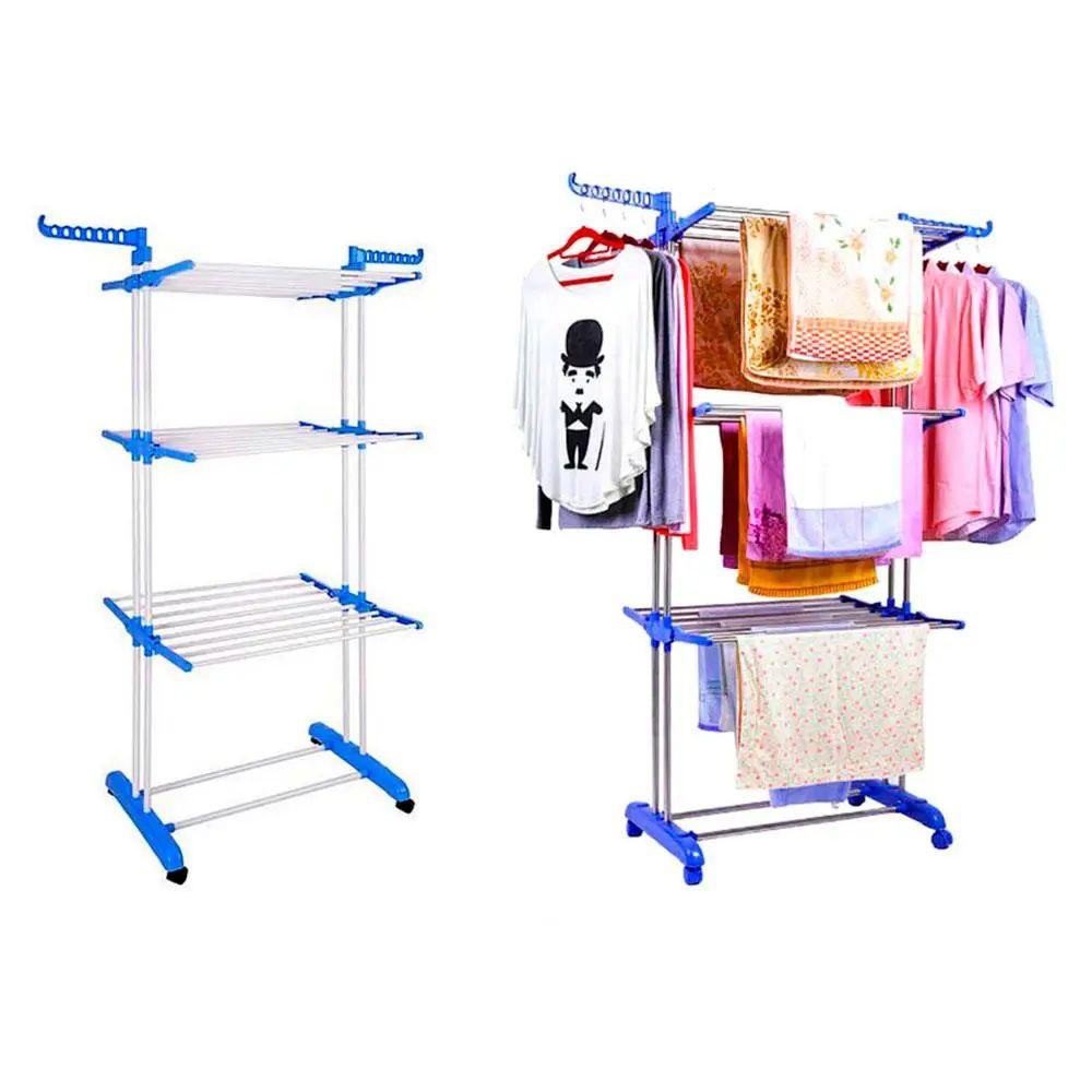 Металлическая стойка сушилка для одежды Garment rack with wheels складная имеет 3 яруса 172см высота KEY - фото 7 - id-p2183994123