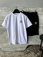 Мужской летний комплект Stone island шорты и футболка белого цвета с черными шортами