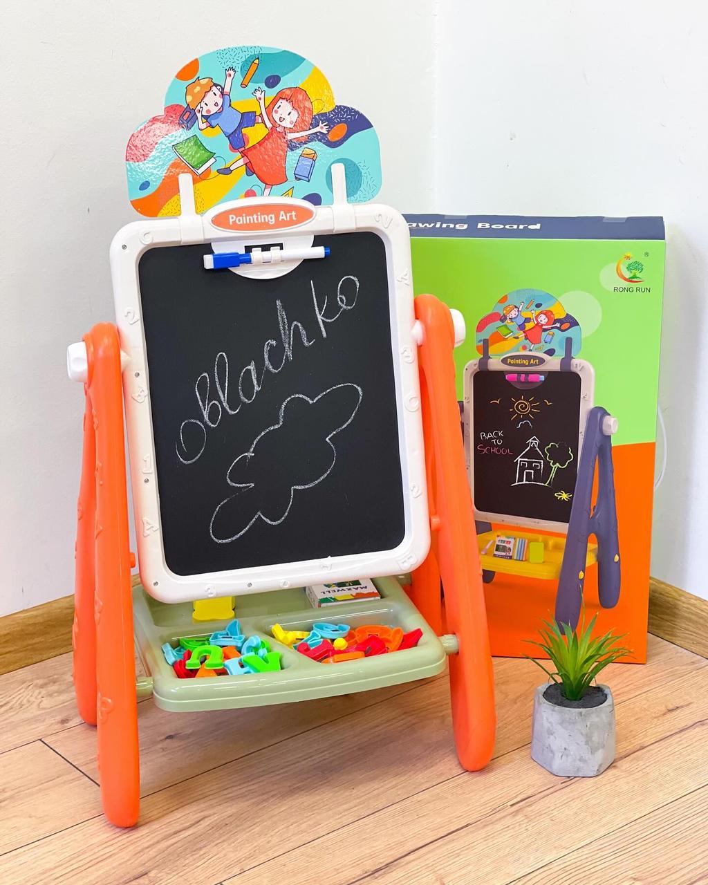 Мольберт, висота 69см, двосторонній, магнітна дошка, цифри та літери (англ.), крейда, фломастер, Дівчатка, фото 1