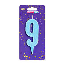 Свічка-цифра "9" блакитна блиск