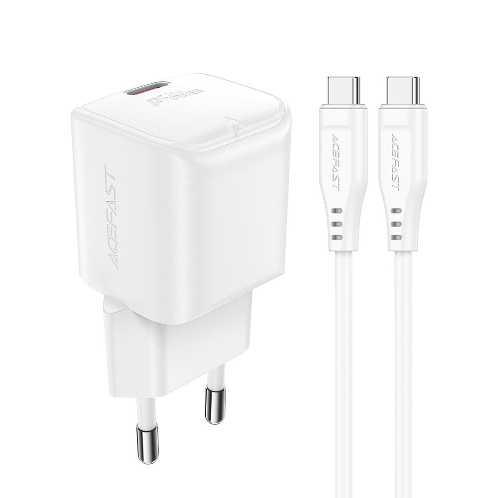 TU TU Сетевое зарядное устройство Acefast A73 mini Type-C PD20W GaN белое + кабель Type-C to Type-C