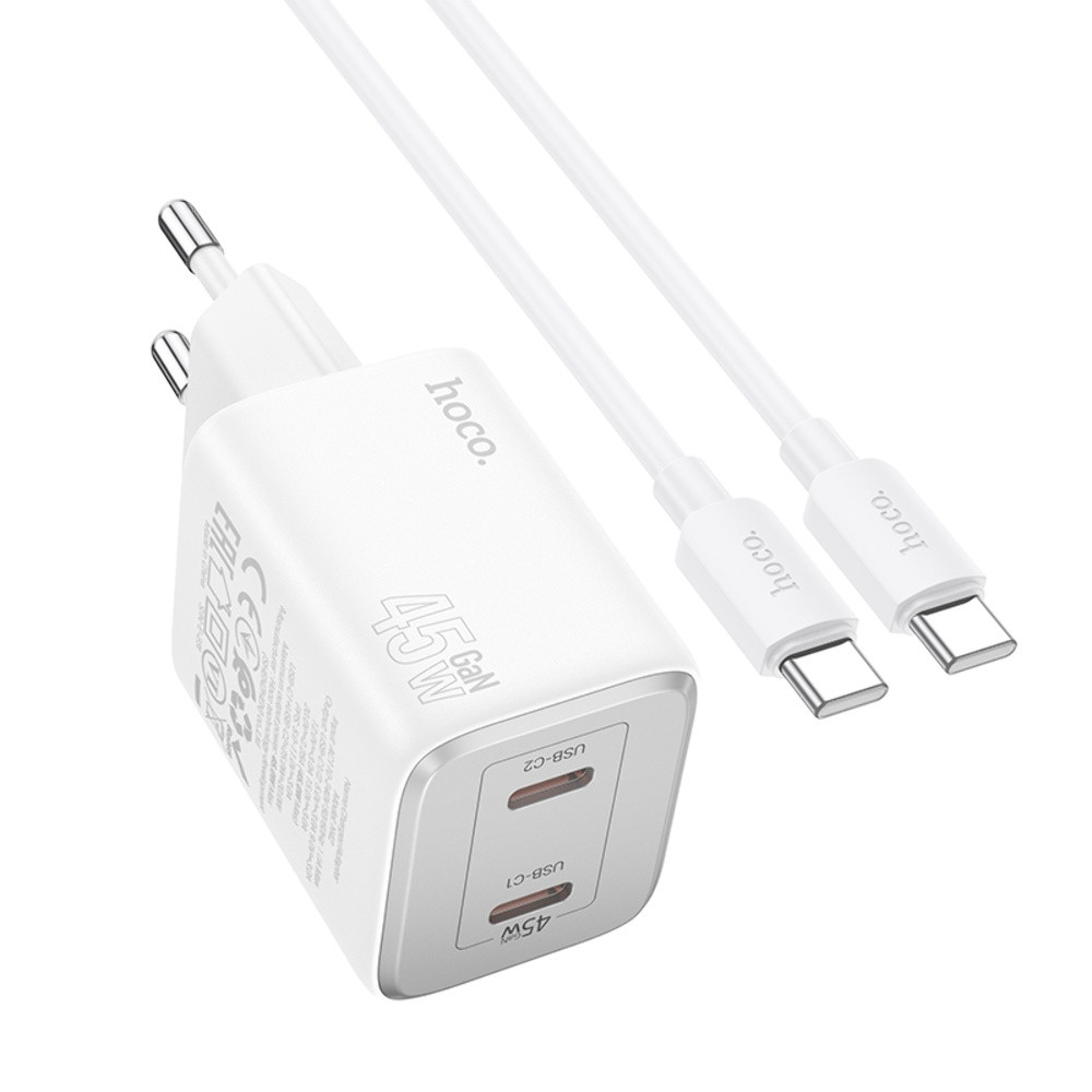 TU TU Сетевое зарядное устройство Hoco N42 2 Type-C PD 45W white + кабель Type-C to Type-C